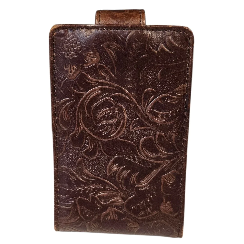 Vintage Tooled Leather Flip Phone Holder – Western Floral Embossed Brown Case